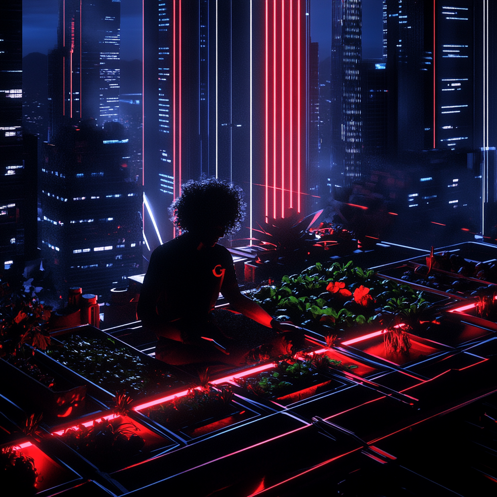 A person with curly hair tending to a lush rooftop garden in a dense cityscape, surrounded by vegetables, flowers, and string lights, with skyscrapers in the background catching sunset light