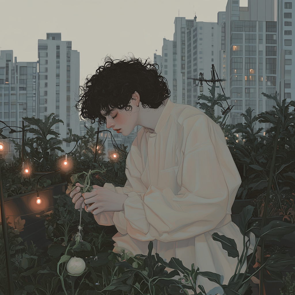 A person with curly hair tending to a lush rooftop garden in a dense cityscape, surrounded by vegetables, flowers, and string lights, with skyscrapers in the background catching sunset light