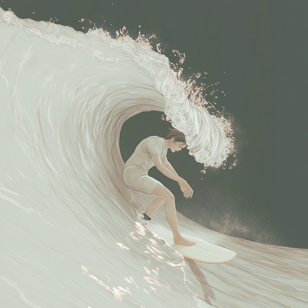 A surfer riding an enormous wave, suspended in perfect balance as the massive curl of water forms a tunnel around them, with ocean spray catching sunlight