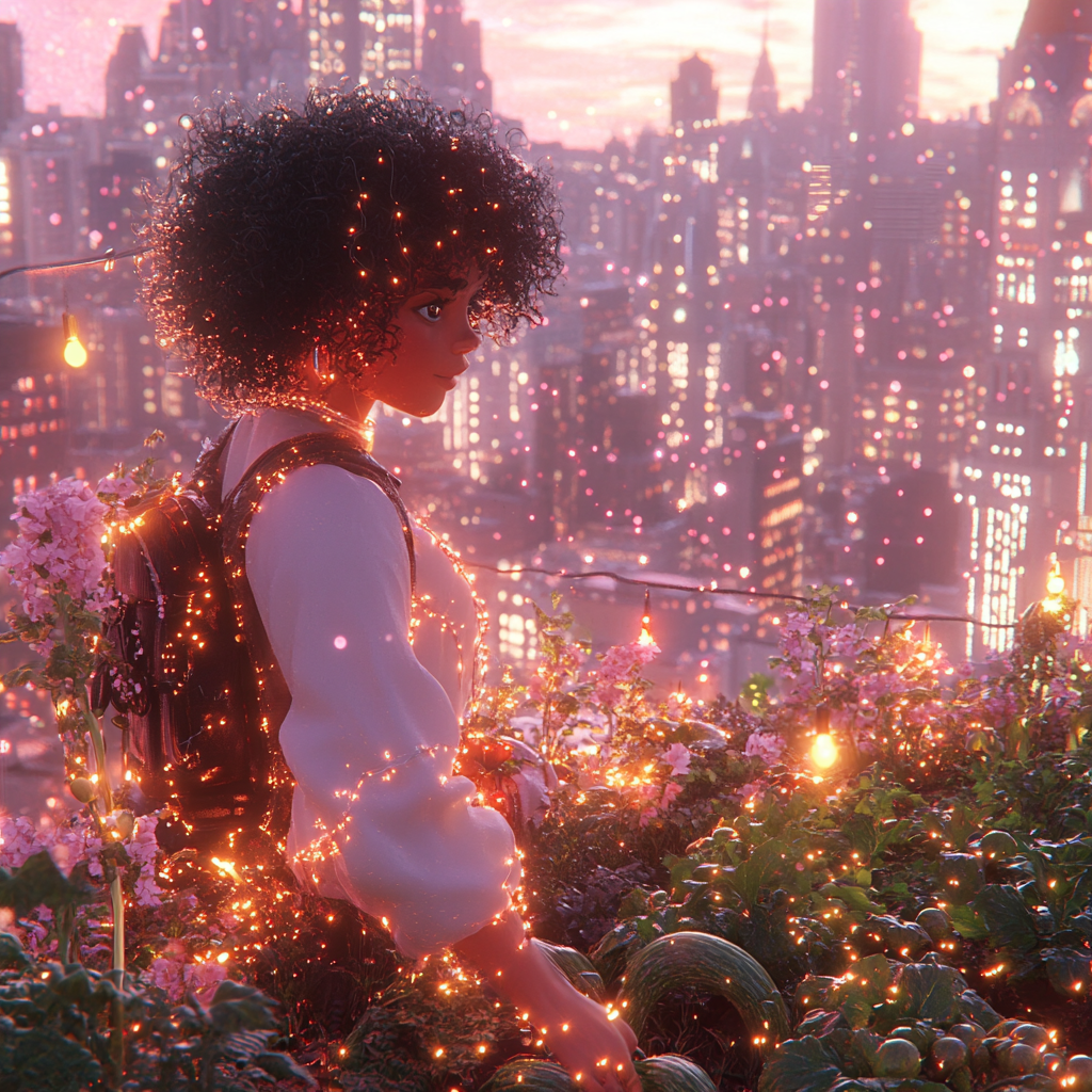 A person with curly hair tending to a lush rooftop garden in a dense cityscape, surrounded by vegetables, flowers, and string lights, with skyscrapers in the background catching sunset light