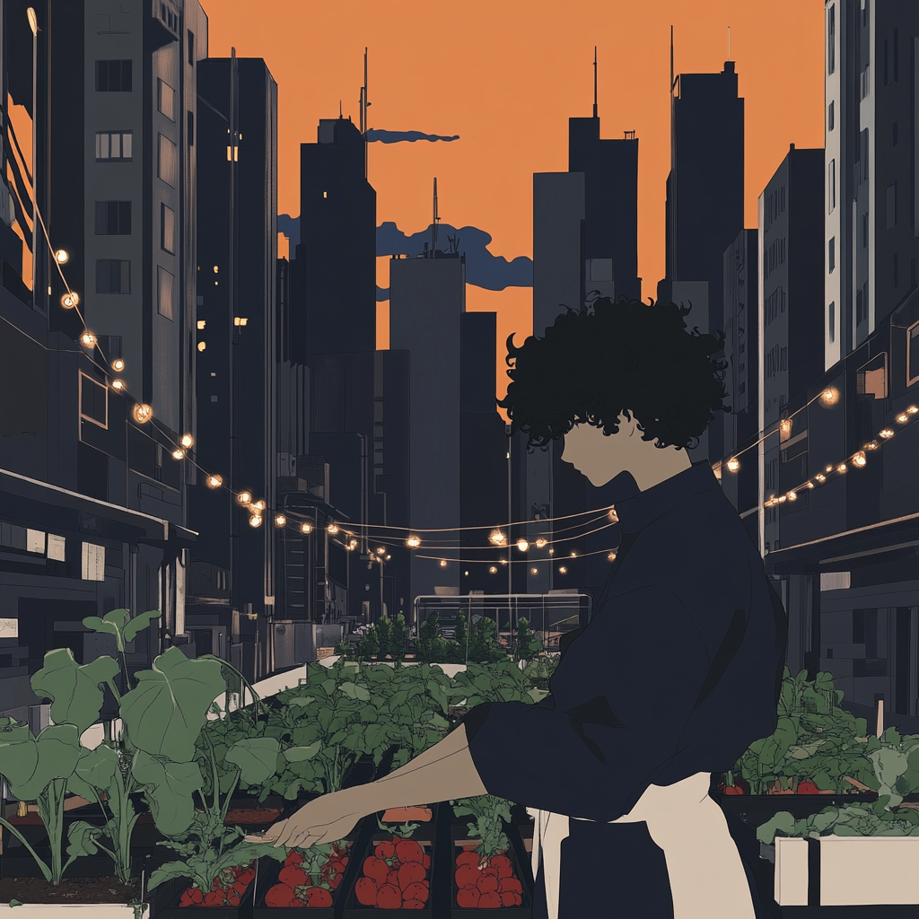A person with curly hair tending to a lush rooftop garden in a dense cityscape, surrounded by vegetables, flowers, and string lights, with skyscrapers in the background catching sunset light