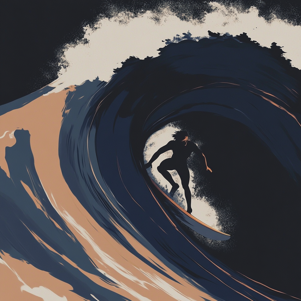 A surfer riding an enormous wave, suspended in perfect balance as the massive curl of water forms a tunnel around them, with ocean spray catching sunlight
