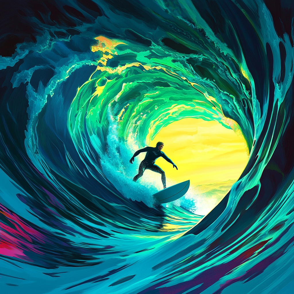 A surfer riding an enormous wave, suspended in perfect balance as the massive curl of water forms a tunnel around them, with ocean spray catching sunlight