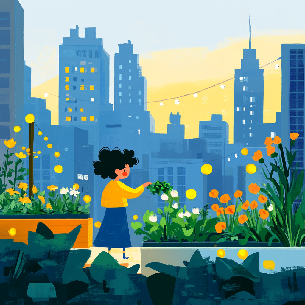 A person with curly hair tending to a lush rooftop garden in a dense cityscape, surrounded by vegetables, flowers, and string lights, with skyscrapers in the background catching sunset light