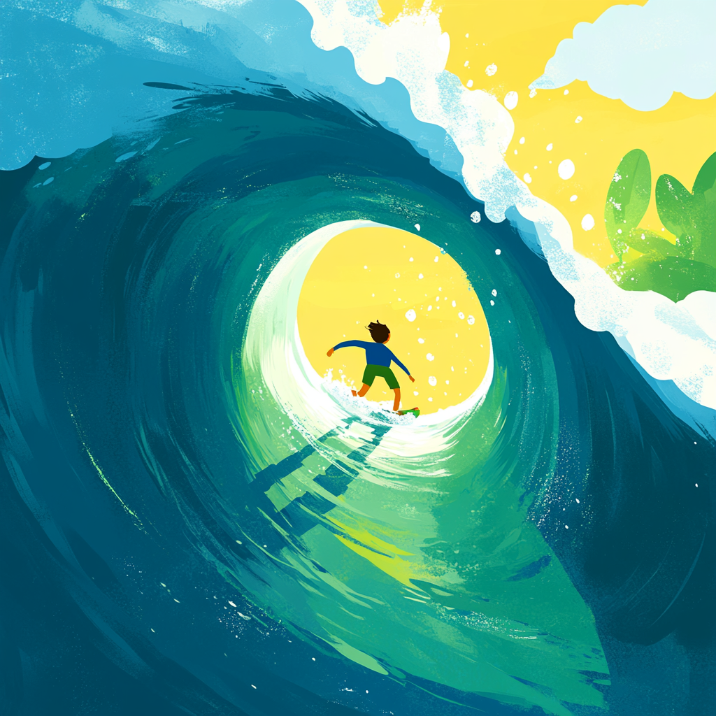 A surfer riding an enormous wave, suspended in perfect balance as the massive curl of water forms a tunnel around them, with ocean spray catching sunlight