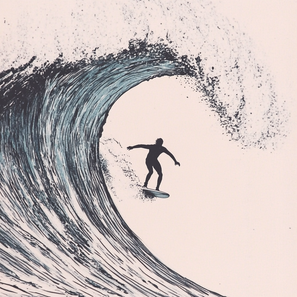 A surfer riding an enormous wave, suspended in perfect balance as the massive curl of water forms a tunnel around them, with ocean spray catching sunlight