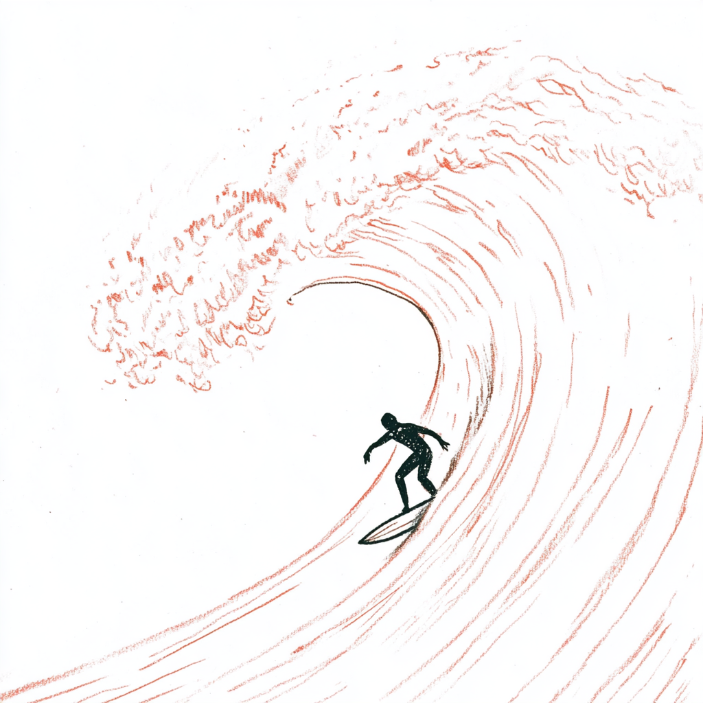 A surfer riding an enormous wave, suspended in perfect balance as the massive curl of water forms a tunnel around them, with ocean spray catching sunlight