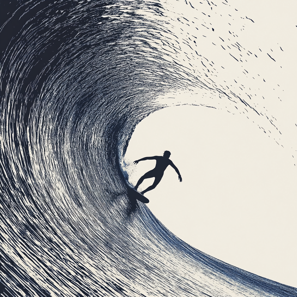 A surfer riding an enormous wave, suspended in perfect balance as the massive curl of water forms a tunnel around them, with ocean spray catching sunlight