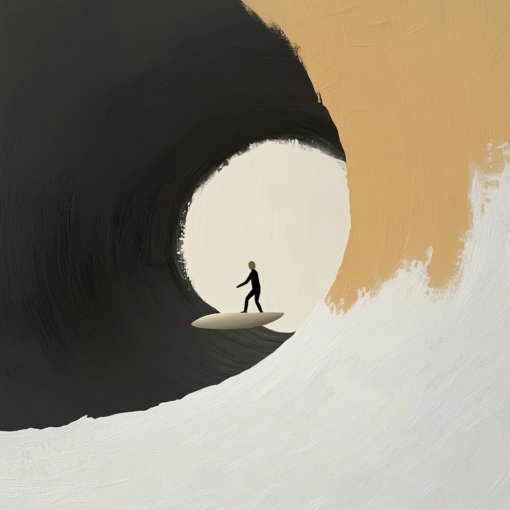 A surfer riding an enormous wave, suspended in perfect balance as the massive curl of water forms a tunnel around them, with ocean spray catching sunlight