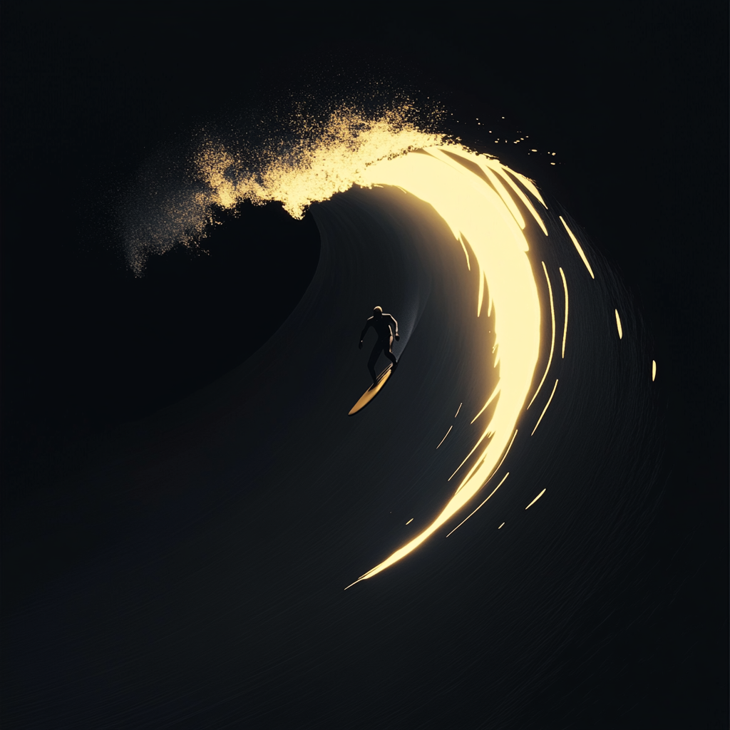 A surfer riding an enormous wave, suspended in perfect balance as the massive curl of water forms a tunnel around them, with ocean spray catching sunlight