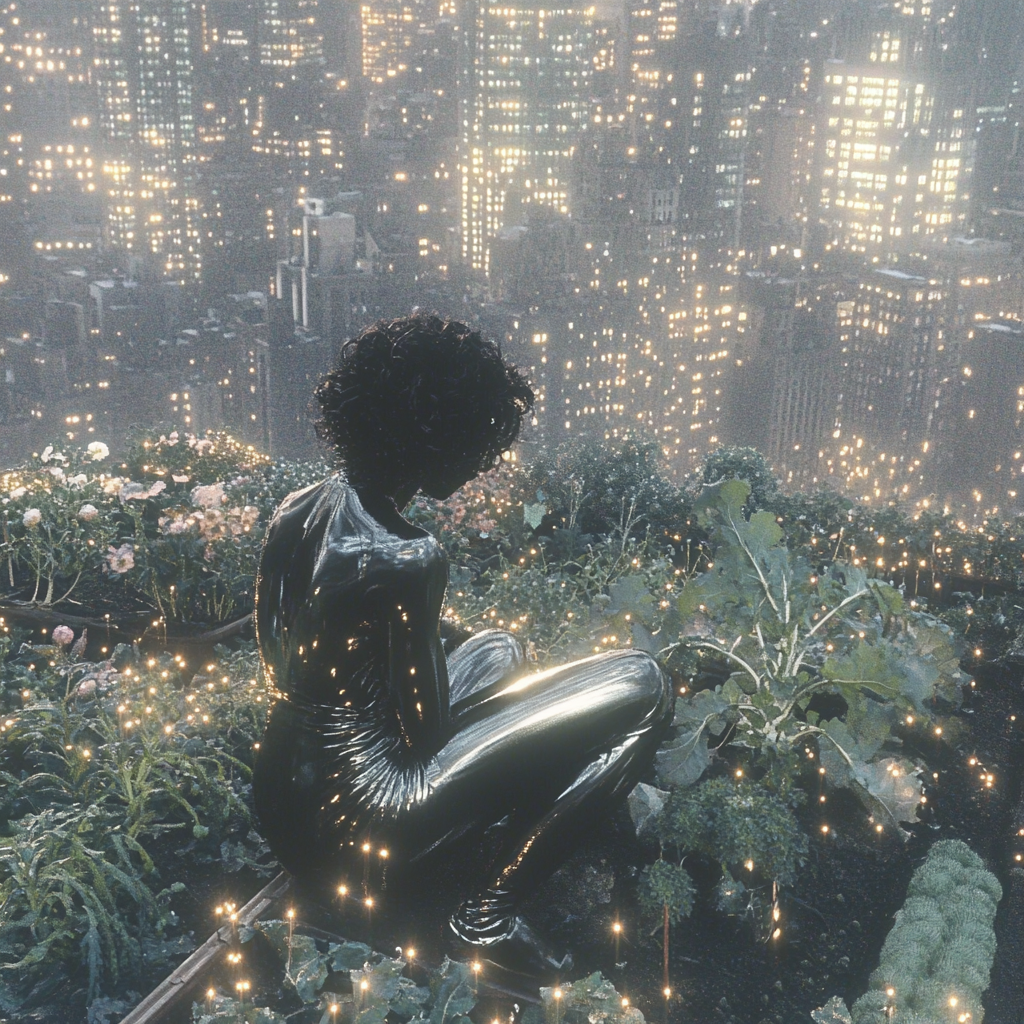 A person with curly hair tending to a lush rooftop garden in a dense cityscape, surrounded by vegetables, flowers, and string lights, with skyscrapers in the background catching sunset light