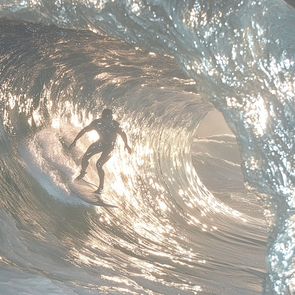 A surfer riding an enormous wave, suspended in perfect balance as the massive curl of water forms a tunnel around them, with ocean spray catching sunlight