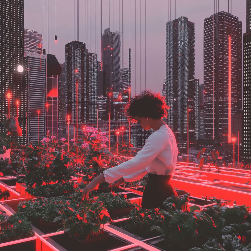A person with curly hair tending to a lush rooftop garden in a dense cityscape, surrounded by vegetables, flowers, and string lights, with skyscrapers in the background catching sunset light