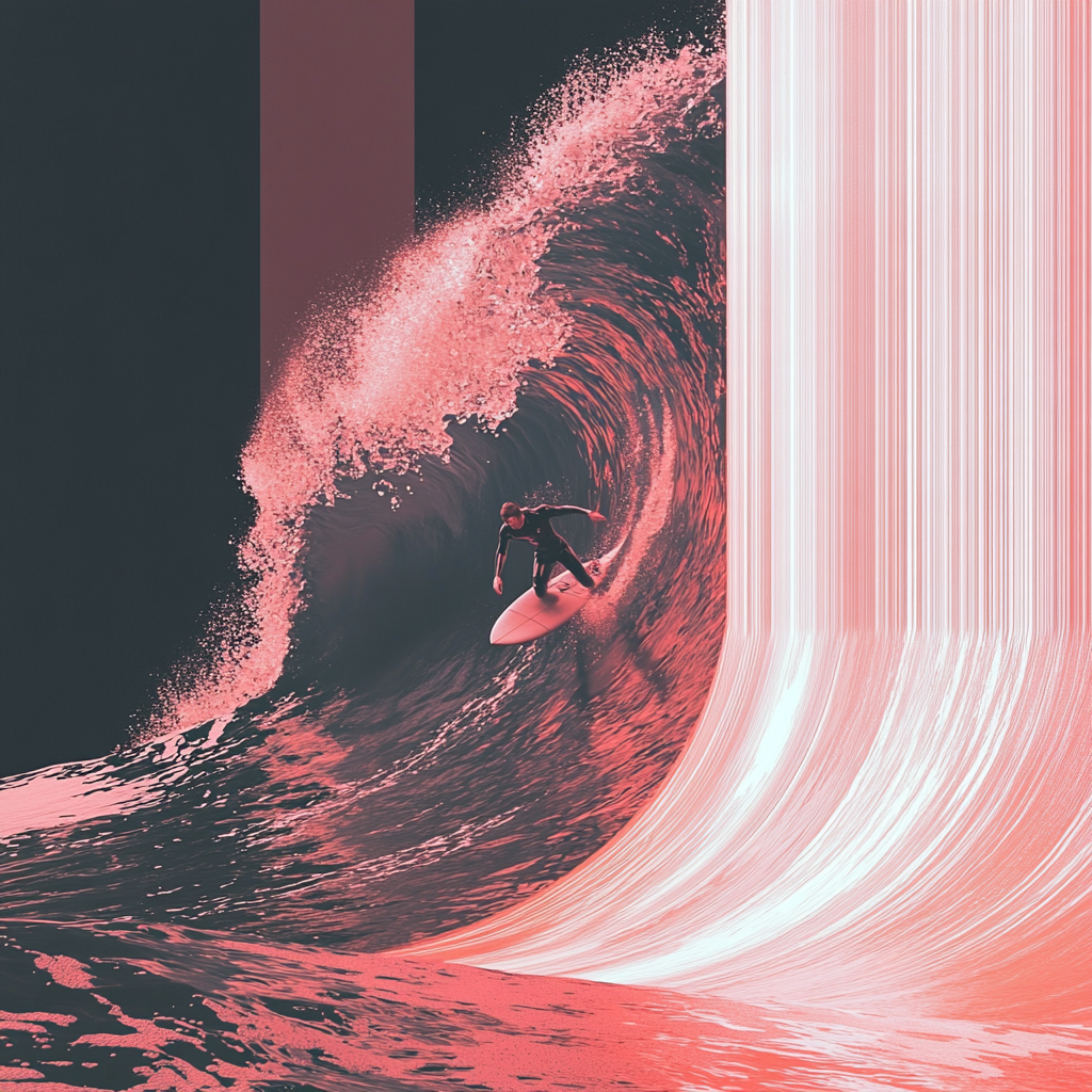 A surfer riding an enormous wave, suspended in perfect balance as the massive curl of water forms a tunnel around them, with ocean spray catching sunlight