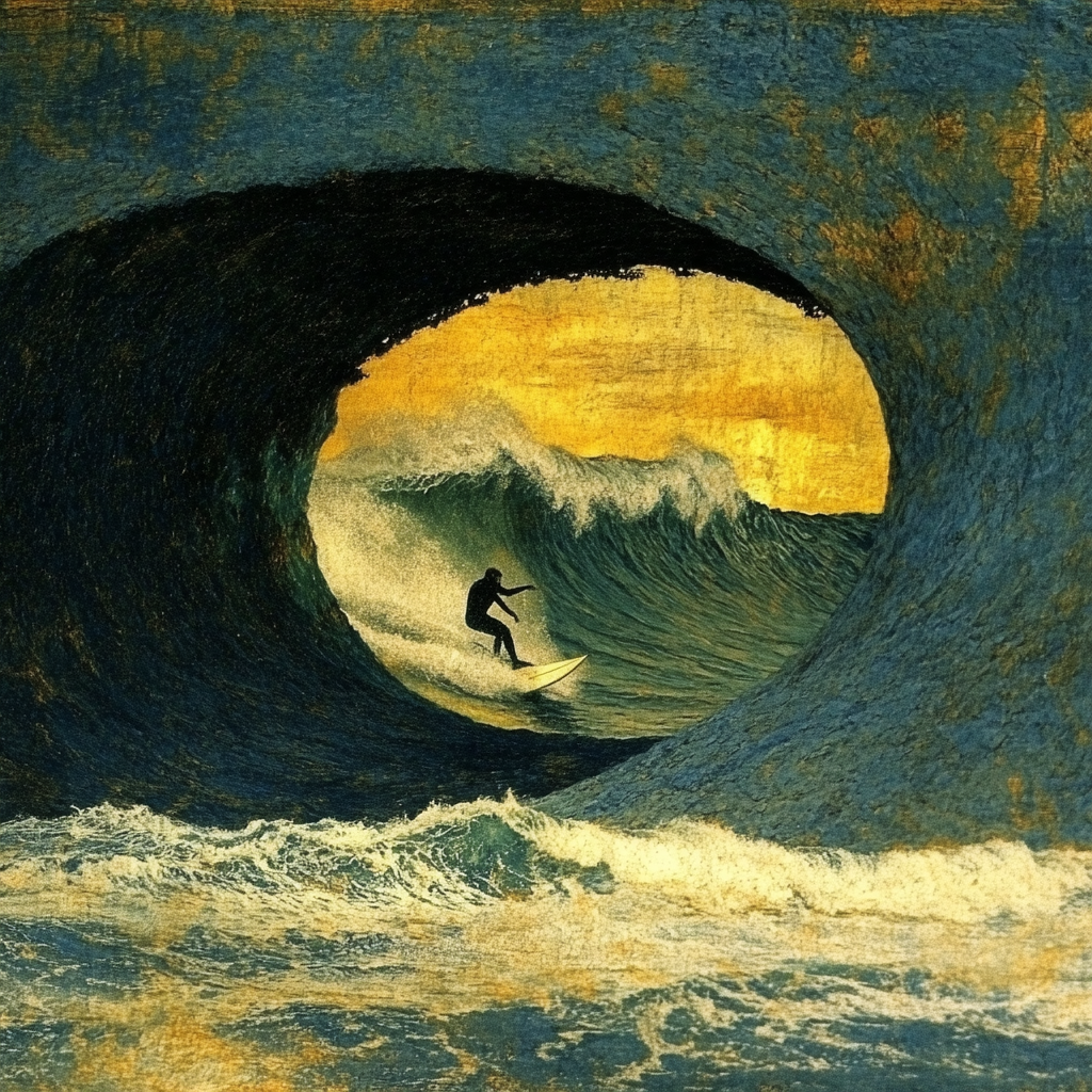 A surfer riding an enormous wave, suspended in perfect balance as the massive curl of water forms a tunnel around them, with ocean spray catching sunlight