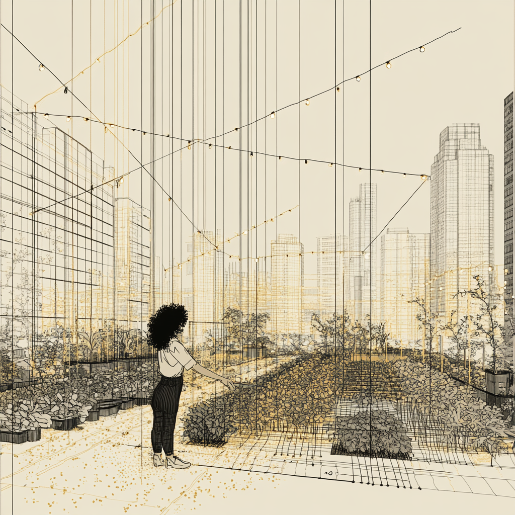 A person with curly hair tending to a lush rooftop garden in a dense cityscape, surrounded by vegetables, flowers, and string lights, with skyscrapers in the background catching sunset light