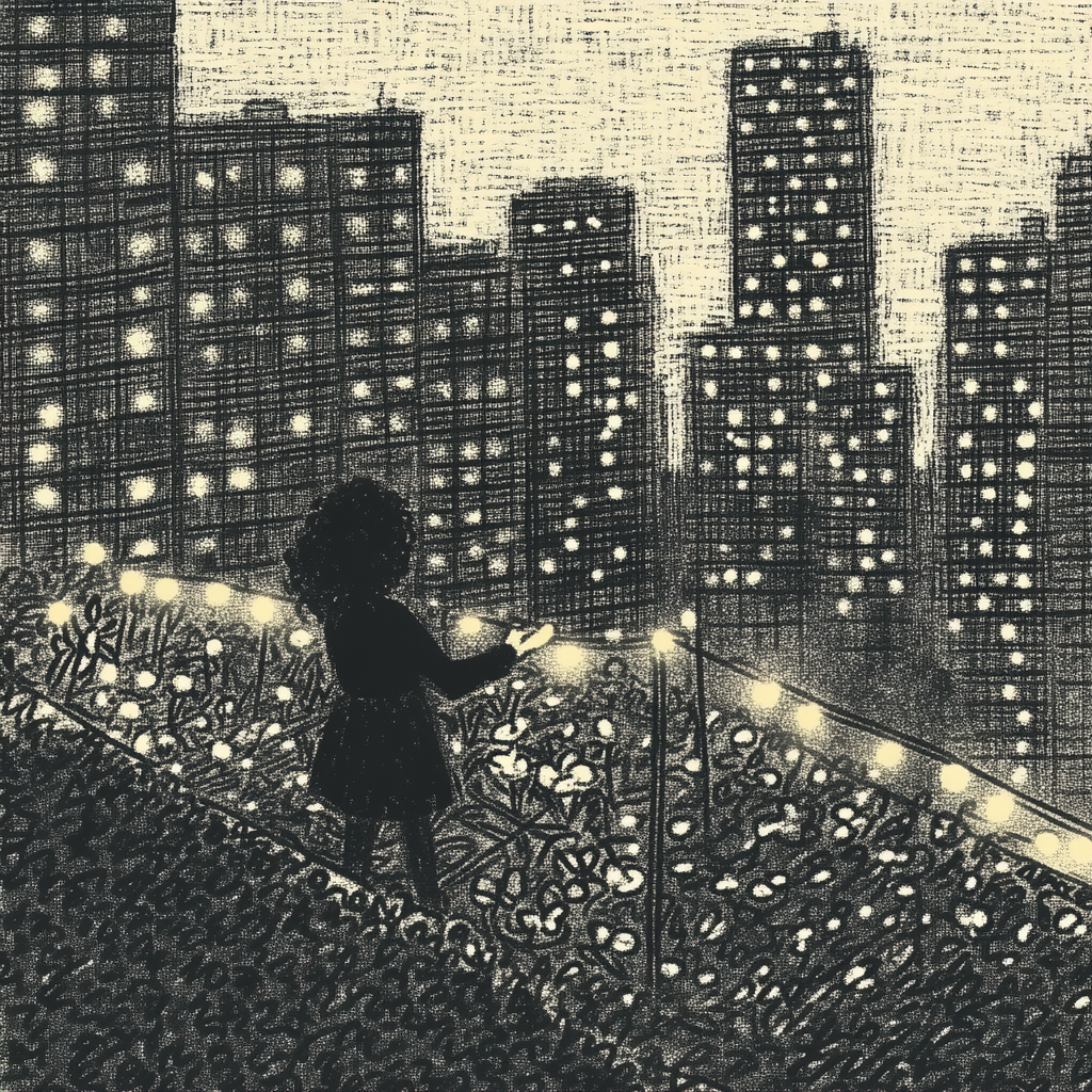A person with curly hair tending to a lush rooftop garden in a dense cityscape, surrounded by vegetables, flowers, and string lights, with skyscrapers in the background catching sunset light