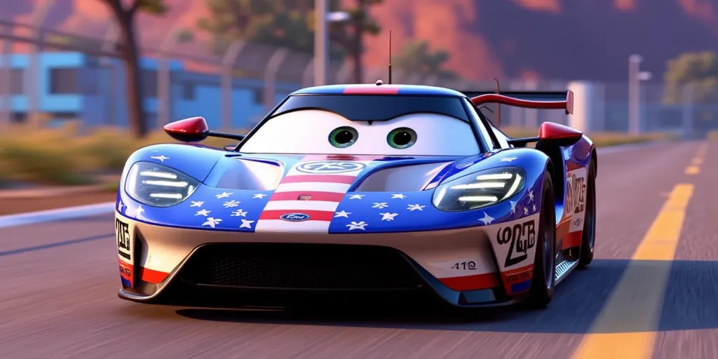 Disney and Pixar's "Cars" movie,  featuring animated anthropomorphic car 2020 Ford GT LM Race Car, named Zachary Johnson with a Smiling Mouth. painted like the American flag.