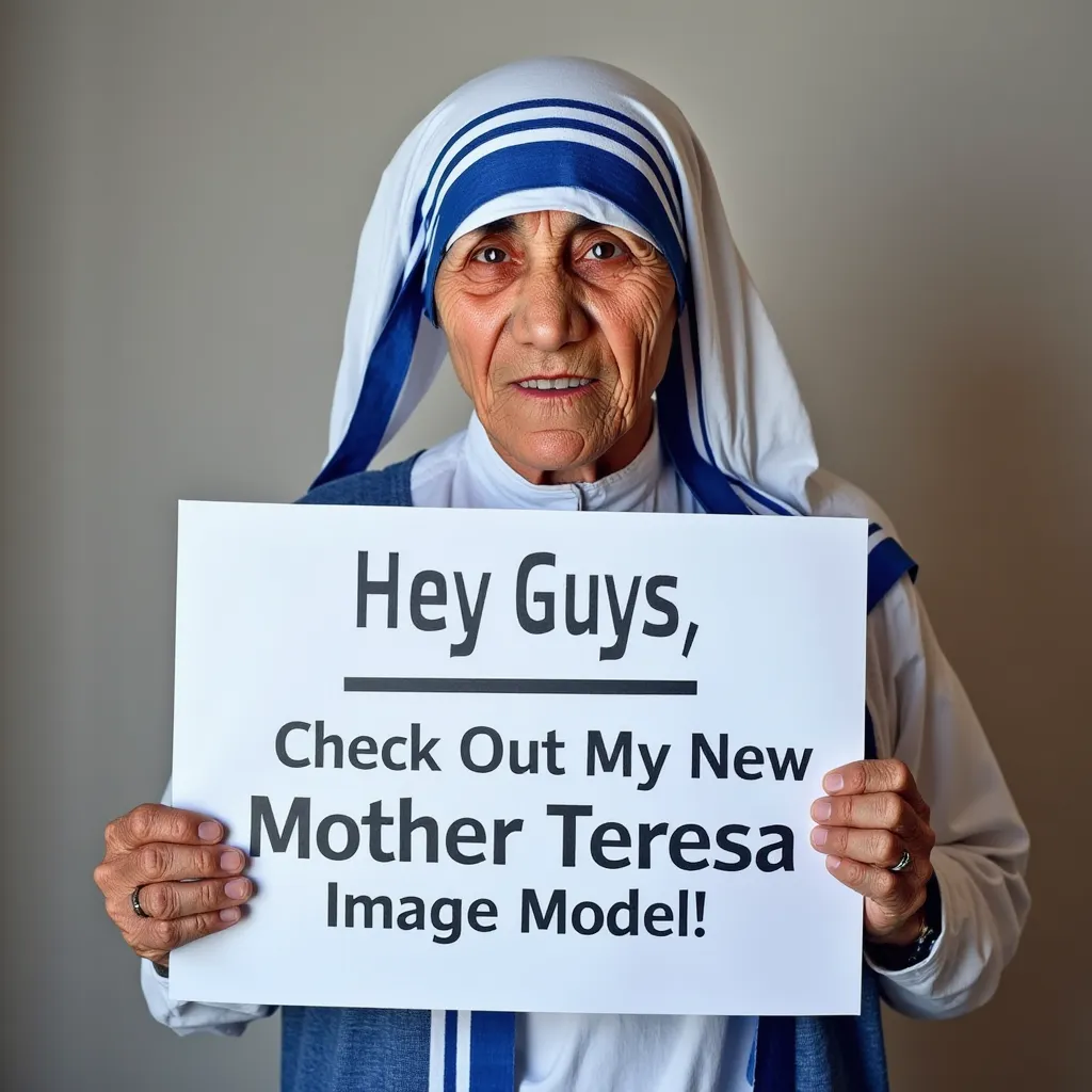 Mother Teresa with a blue and white hood holding a sign that says, "Hey Guys, Check Out My New Mother Teresa Image Model!"