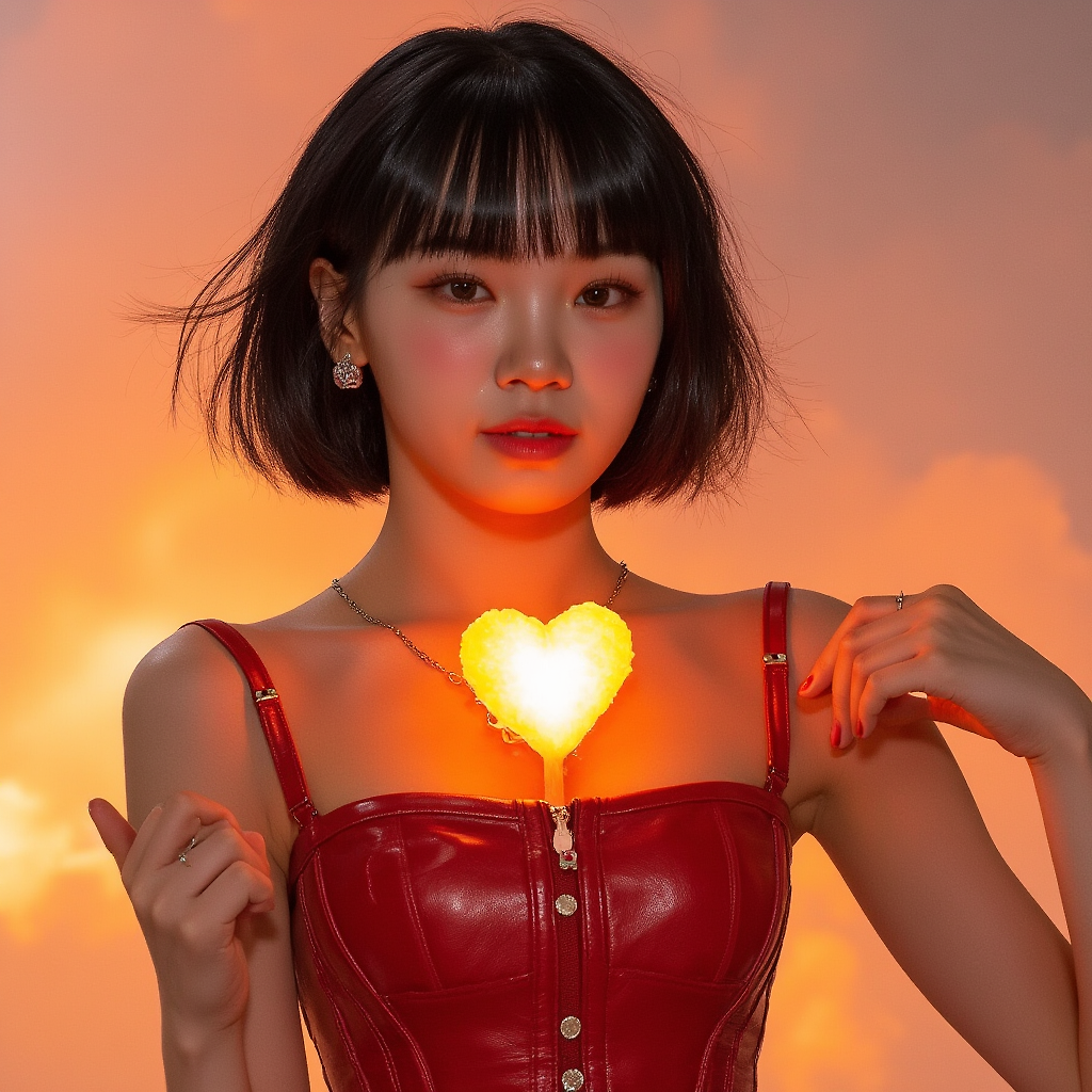 A hyper-realistic portrait of a fierce K-pop idol surrounded by fiery wind. She wears a blood-red leather corset glowing with heat. Her eyes reflect flames, and her tousled hair flows wildly. A glowing heart-shaped flame hovers at her chest, representing her inner fire. Her intense gaze challenges the viewer, showing strength and defiance. The background is engulfed in soft smoke and heat waves.