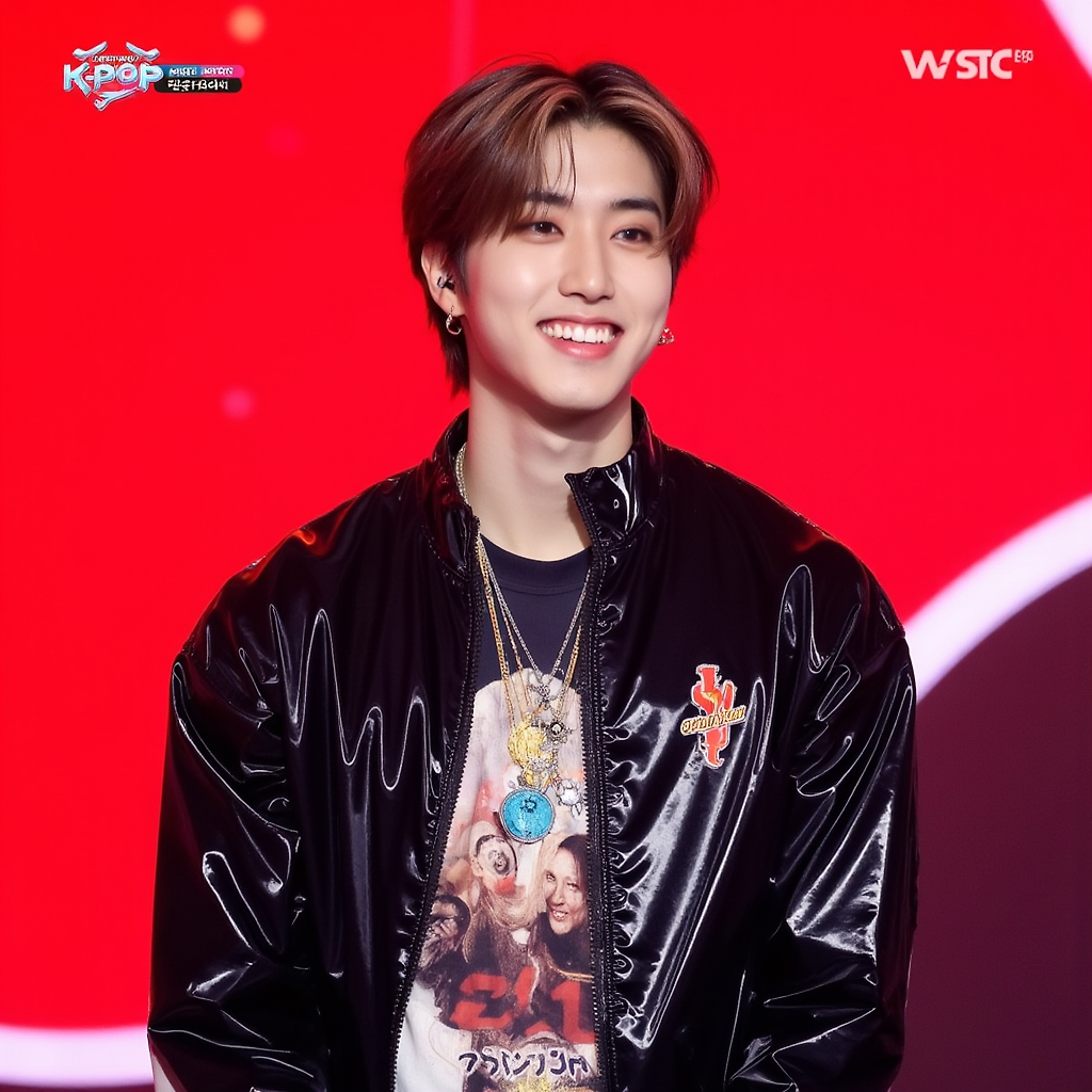 Han from Stray Kids performing on stage at Music Core. He is wearing a shiny black jacket with a logo, multiple necklaces, and a graphic T-shirt. The background is a vibrant red, and he is smiling warmly. The image includes the MBC K-POP logo in the corner