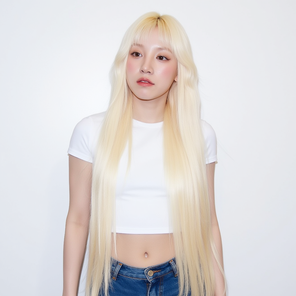 Yuqi from (G)I-DLE with long, sleek platinum blonde hair flowing down past her shoulders, wearing a fitted, short-sleeve white crop top paired with blue jeans. The minimalist background is plain and light, emphasizing her styled hair and casual yet chic attire