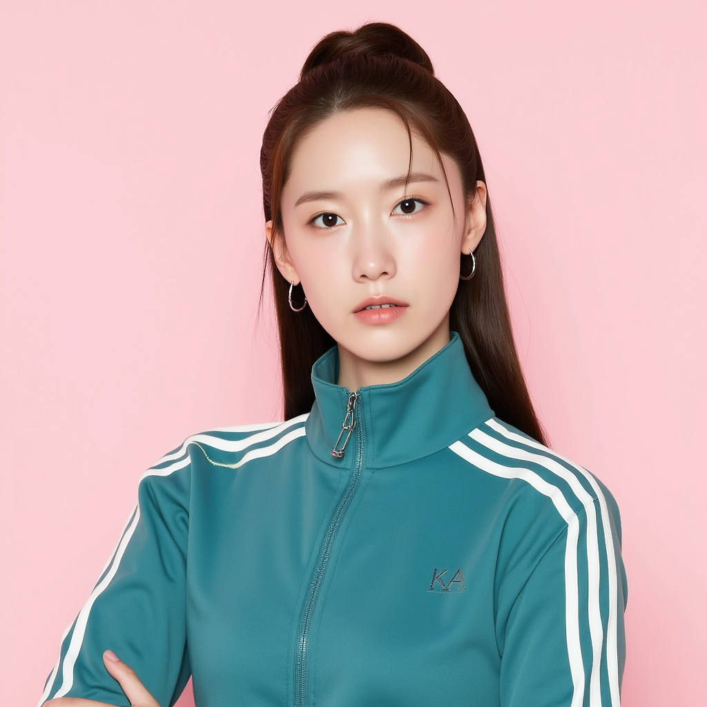 LimYoona,Brown hair tied back,from the show squid game teal tracksuit with white stripes on Shoulders, he set against a light Pink background,looking drectly to the camera