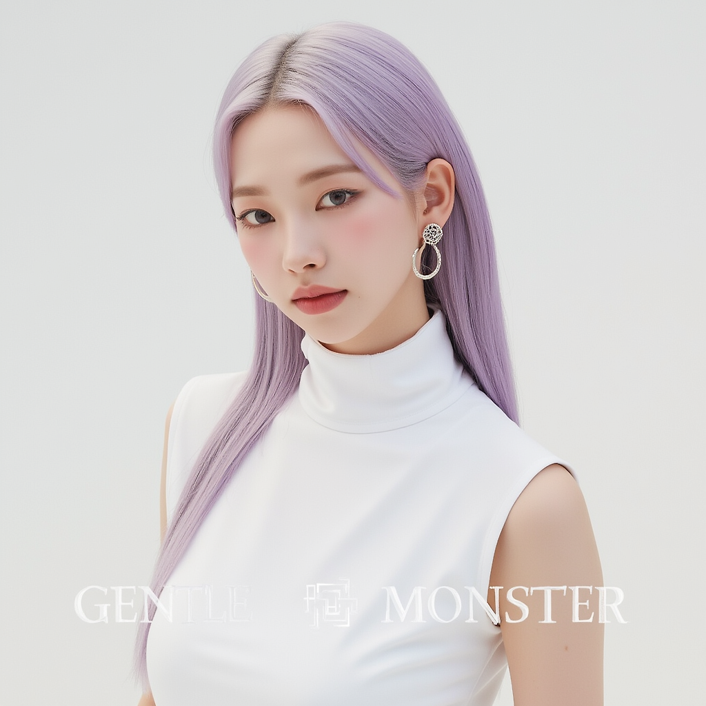 Karina from aespa in the "Gentle Monster 2025 Campaign." She has pastel lavender hair styled sleek and straight, adorned with minimal accessories. She is wearing a high-neck white dress, exuding a modern and futuristic aesthetic. The image features a soft, contemporary background, emphasizing clean lines and minimalist design, aligning with Gentle Monster's brand theme. The campaign text "GENTLE MONSTER" is prominently placed on the image