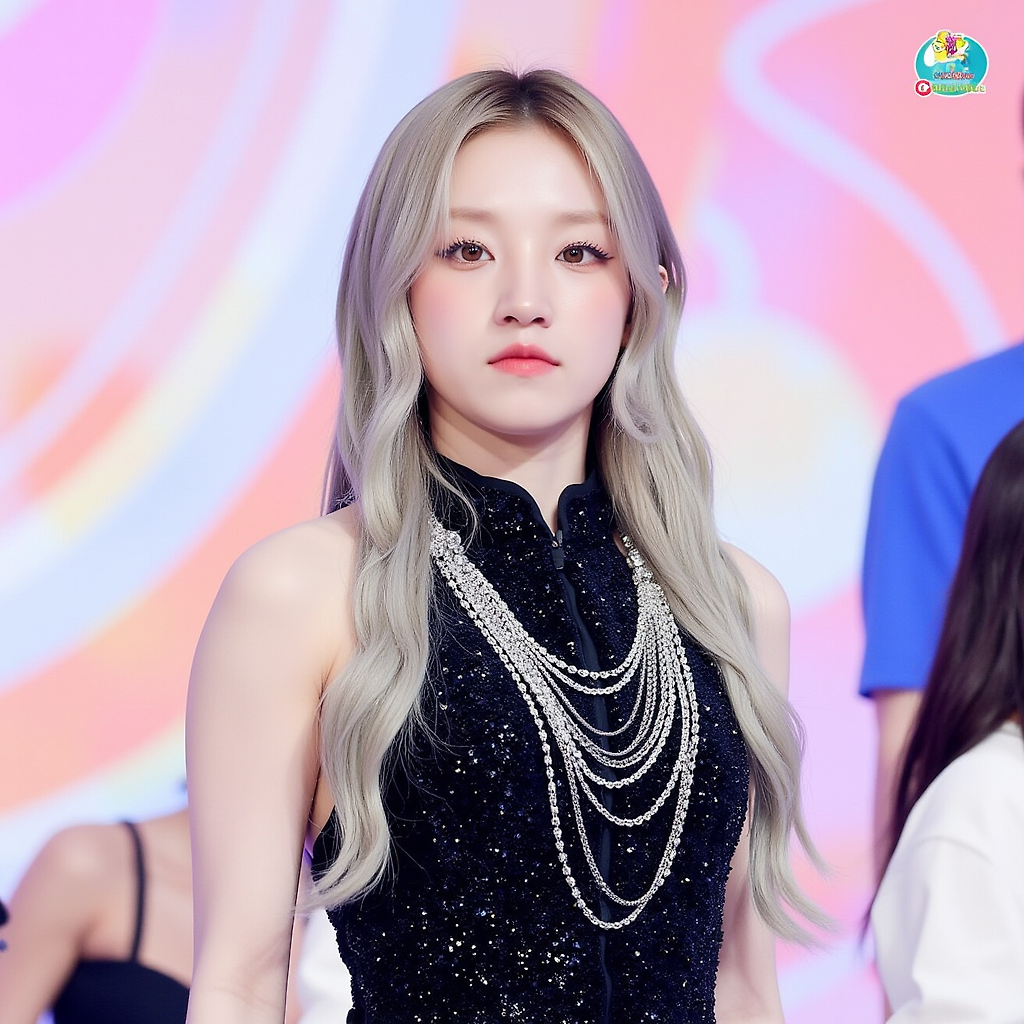 Yuqi from (G)I-DLE wearing a sleek black glittering outfit adorned with layered silver chains. Her long, ash-blonde hair is straight and styled to fall evenly on both sides. The background features pastel colors with curved designs and abstract patterns. She appears at a public event or stage, with a vibrant atmosphere suggestive of a TV music program or performance. A logo in the bottom-right suggests a connection to a televised show called "Music Core."