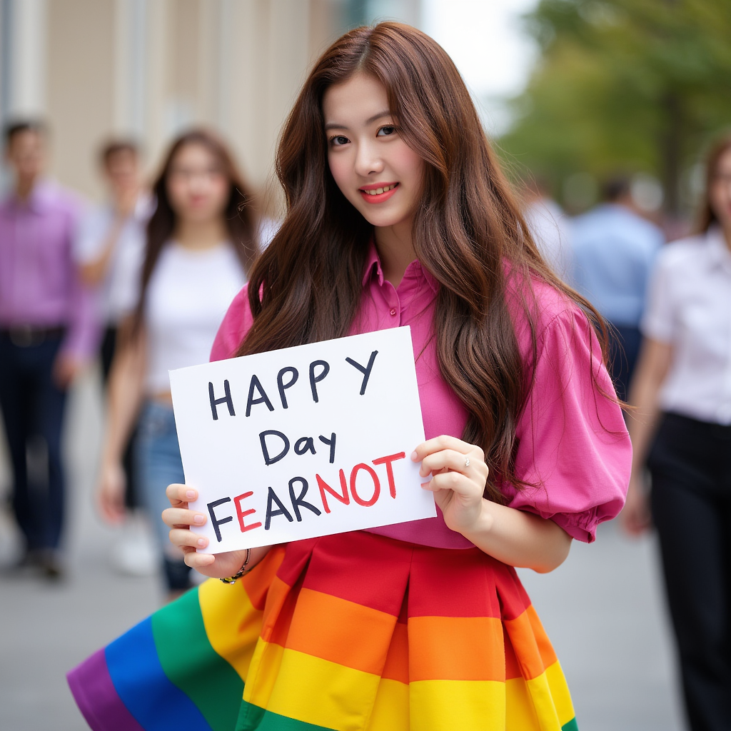 g3ram,Brown long straight hair, rainbow dress,holding a sign "happy pride day fearnot"