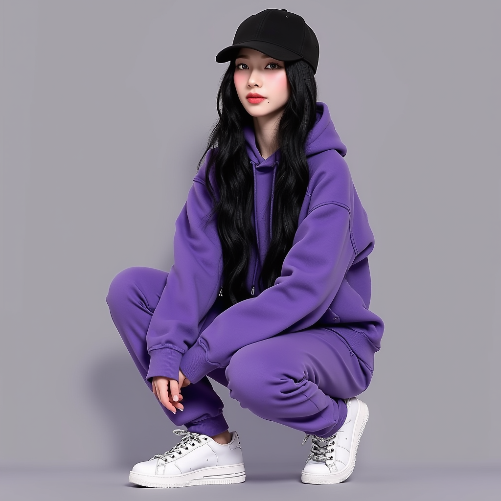 Karina,Black long hair, purple hoodie, purple pants, black cap,white sneakers,potre,Real life