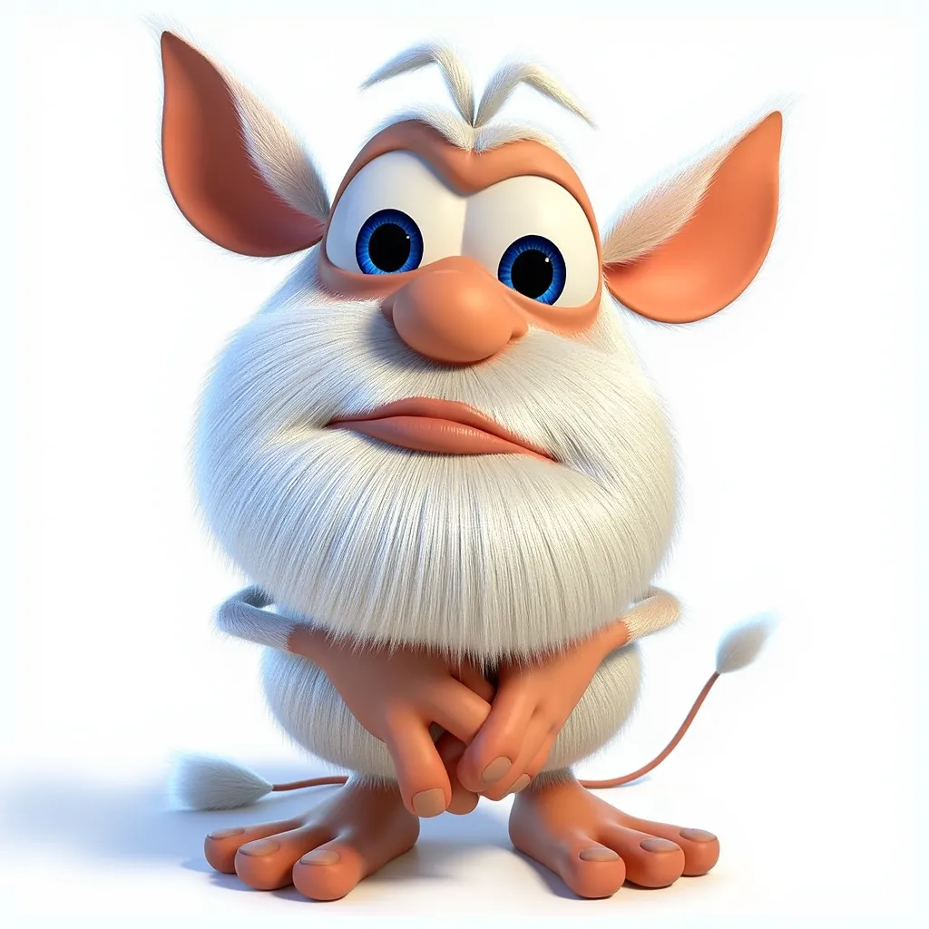 Booba, an animated character creature with a fluffy white beard, wide ears, big nose, a long tail, and big blue eyes.