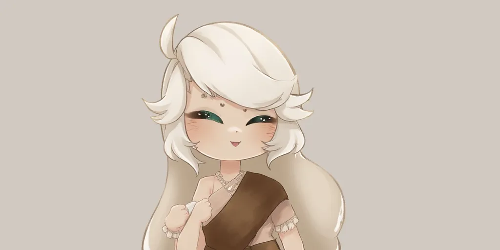 brown thai dress cloths on this charater Cotton Cookie is a short Cookie with pale off-white dough and a small frame. She has short white hair styled in a bob with asymmetrical bangs shrouded by an oversized cotton hood. She has muted teal eyes and a small, hopeful smile.