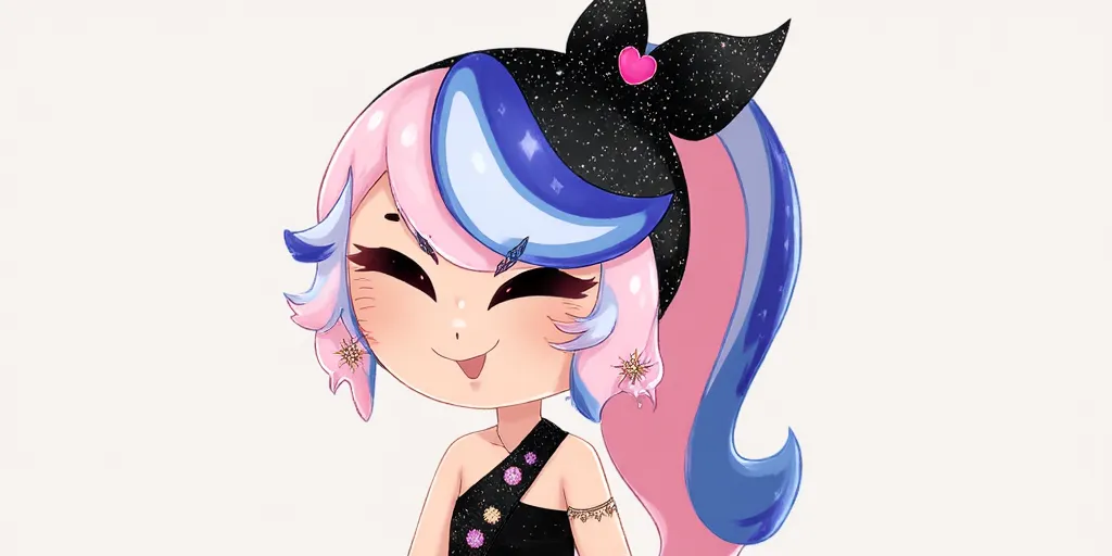 black thai dress on this charater Shining Glitter Cookie is an average-sized, slim Cookie with fair dough. She has straight bangs swept to the right, and her hairstyle is a high ponytail in a mixture of pink, blue and black with white streaks covered in white sparkles. Her ponytail then fades into a gradient in baby blue and curls up at the end. She has small bright pink side hairs that have the appearance of twin drills. She wears a black ribbon on her head with the inside being pink, white and lavender and a bright pink heart outline in the middle. 
