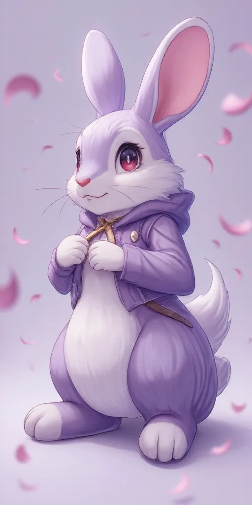 A furry rabbit. The primary color is light purple and the secondary is white. It is a bit thick - big butt and chest. It is a girl. It has nice clothes.
