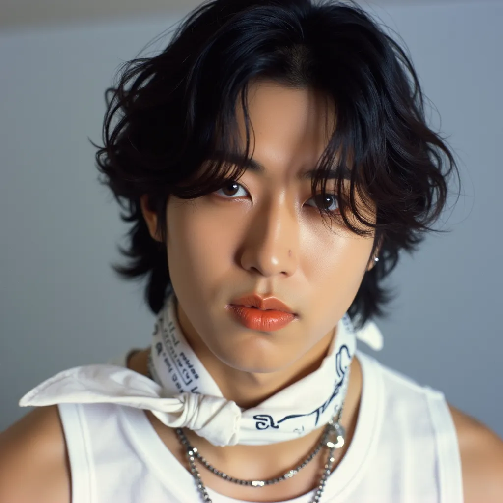 Han  with white sleeveless shirt white white bandanna in neck close-up He appears with serious expression silver necklace in his forehead Album Cover tituled Ghosts Never more  name of Han