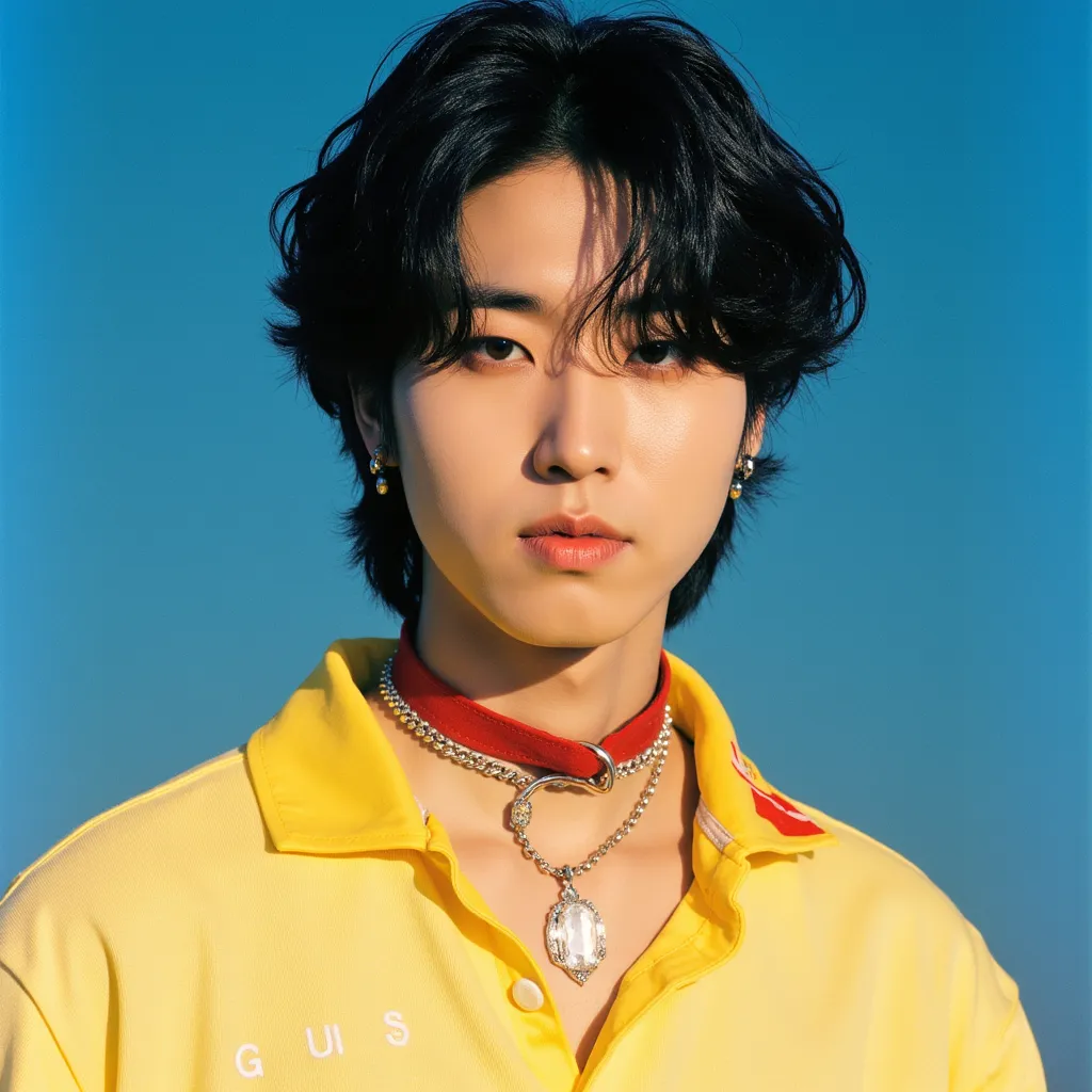 Album Cover  Shining with name Han  Album Cover in blue filter Han with yellow v shirt red choker silver necklace silver necklace with diamond in his forehead