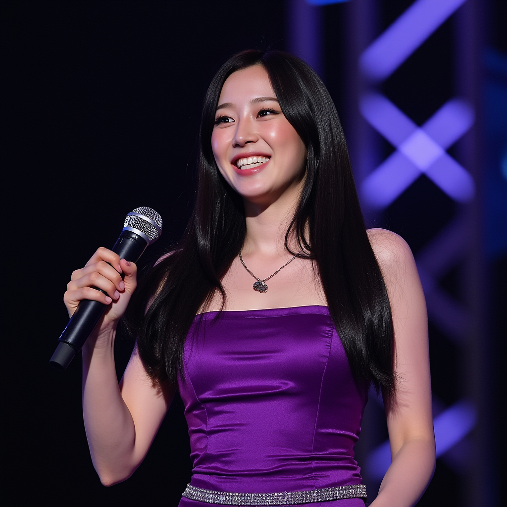 Giselle with long black hair purple dress She appears smiling showing teeth in stage on New York with microphone on his hand but microphone and his hand down