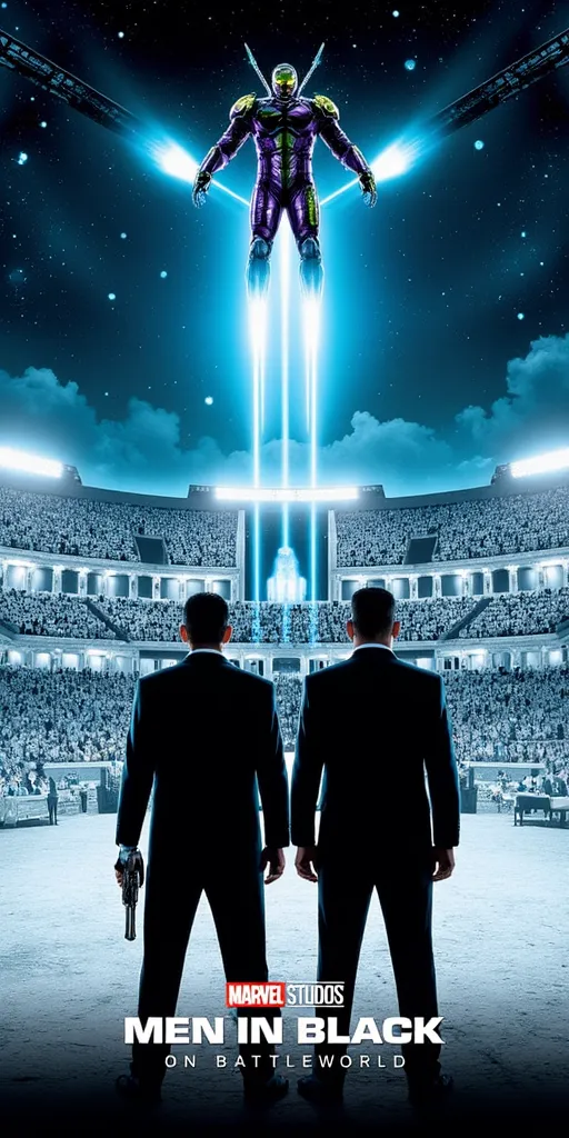 Agent J and Agent K of The Men in Black on a Men in Black Marvel movie poster with Will Smith (Agent J) wearing sunglasses, gladiator armor over a suit and holding a neuralyzer (from MiB) with Tommy Lee Jones (Agent K) standing next to him also wearing a suit with gladiator armor over the suit and sunglasses while holding a laser pistol on another planet in a white gladiator colosseum at night while Jonathan Majors (Kang) is in the sky looking down at Agent J and Agent K in his Purple and Green armor on his glowing blue platform blasting lasers from his hands at Agent J and Agent K, the Marvel Studios logo above him with the title "Men in Black on Battleworld" on it
