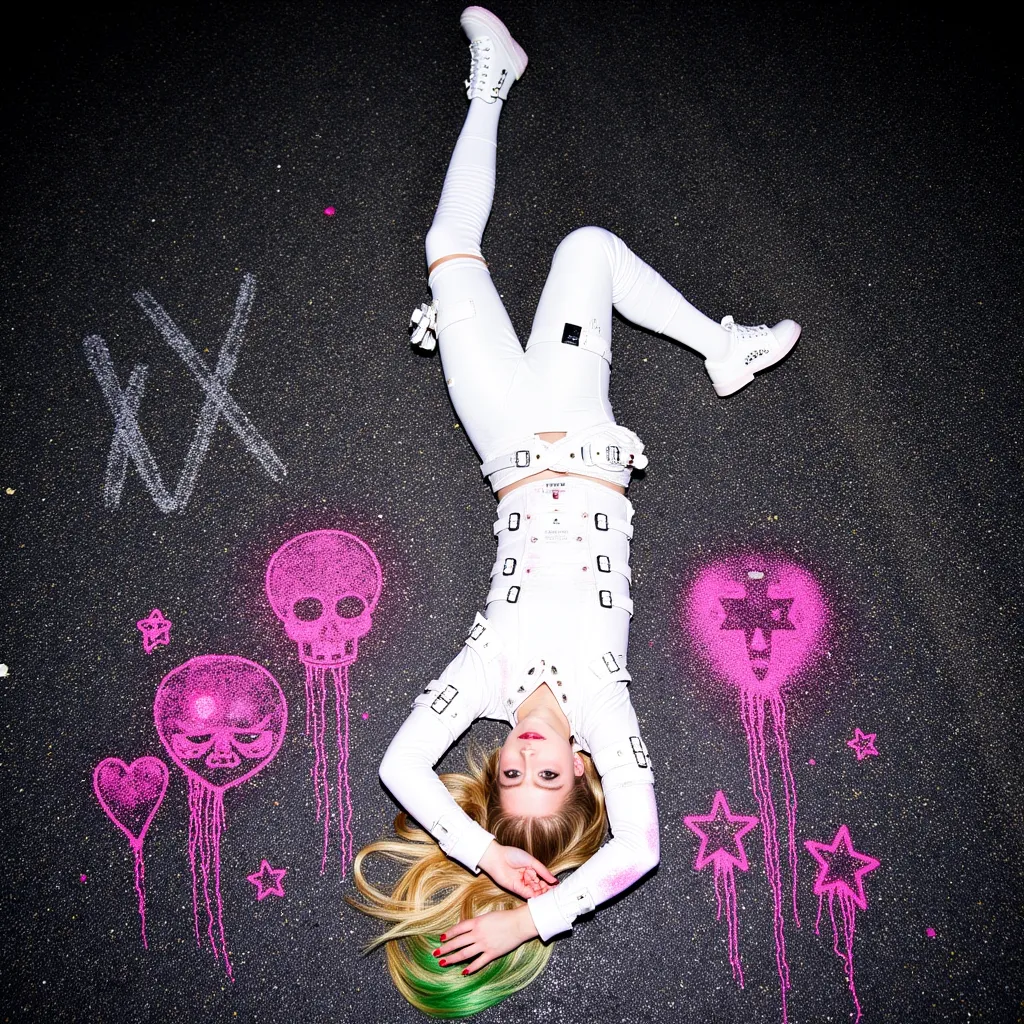 Avril Lavigne in a photo from top to bottom, lying on the asphalt at night, with white punk clothes and full of buckles, straight hair, green streak, pink slime spread over her body and asphalt, asphalt scratched with drawings of skulls, hearts and stars in fine line in pink, one leg stretched to the other with the knee bent, pose on the floor as if you had fallen