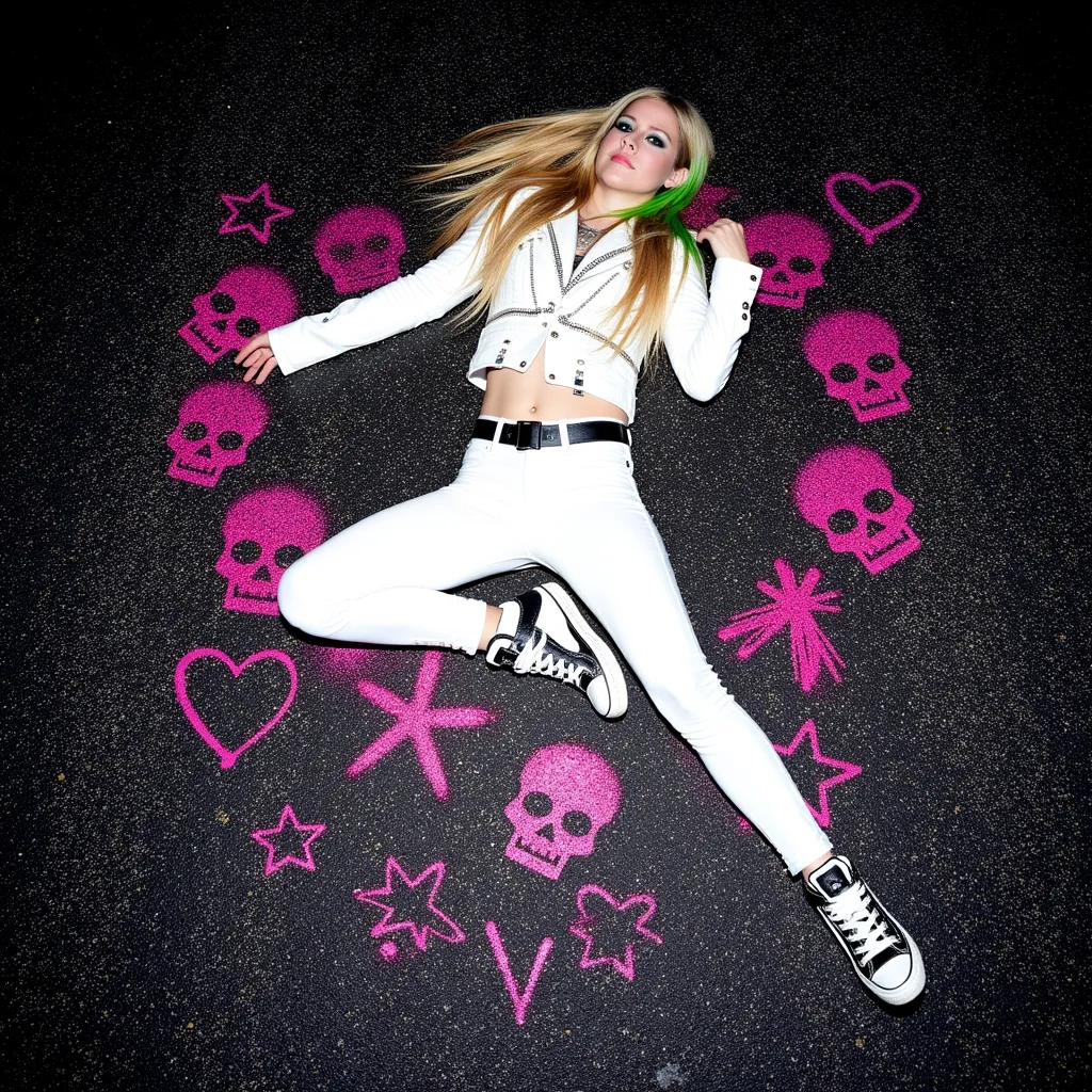 Avril Lavigne in a photo from top to bottom, lying on the asphalt at night, with white punk clothes and full of buckles, straight hair, green streak, pink slime spread over her body and asphalt, asphalt scratched with scribbles of skulls, hearts and stars in fine line in pink, one leg stretched out to the other with the knee bent, pose on the floor as if you had fallen