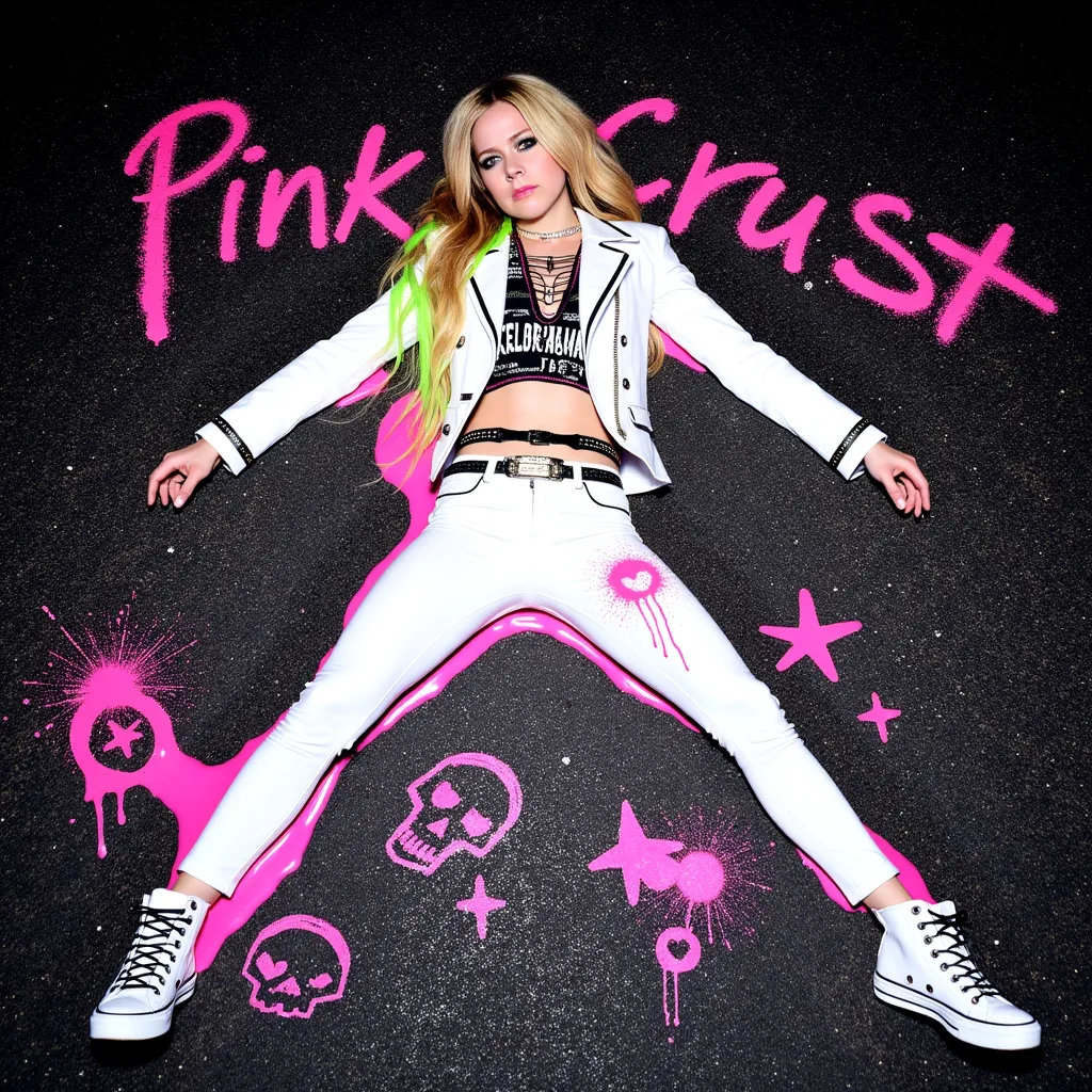 Avril Lavigne in a photo from top to bottom, lying on the asphalt at night, with white punk clothes and full of buckles, straight hair, green streak, pink slime spread over her body, pink slime spread on the floor, pink slime spread on her face, scratched asphalt with doodles of skulls, hearts and stars in fine line in pink, one leg stretched out to the other with a bent knee, pose on the floor as if he had fallen, "pink crust" scrawled on the floor