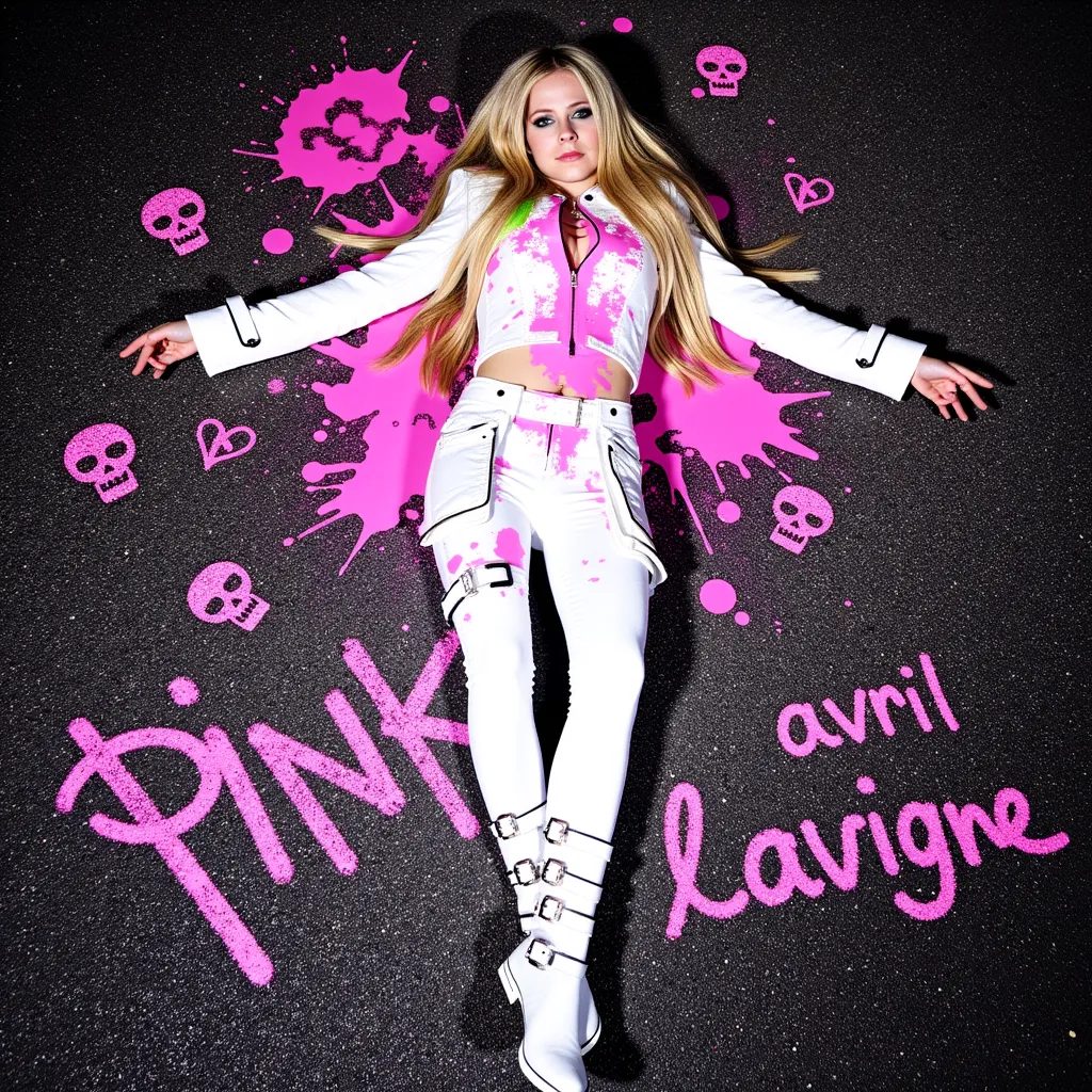 Avril Lavigne in a photo from top to bottom, lying on the asphalt at night, with white punk clothes and full of buckles, straight hair, green streak, pink slime spread over her body, pink slime spread on the floor, pink slime spread on her face, scratched asphalt with doodles of skulls, hearts and stars in fine line in pink, one leg stretched out to the other with a bent knee, pose on the floor as if he had fallen, "pink crust" scrawled on the floor, "avril lavigne" scrawled in smaller letters