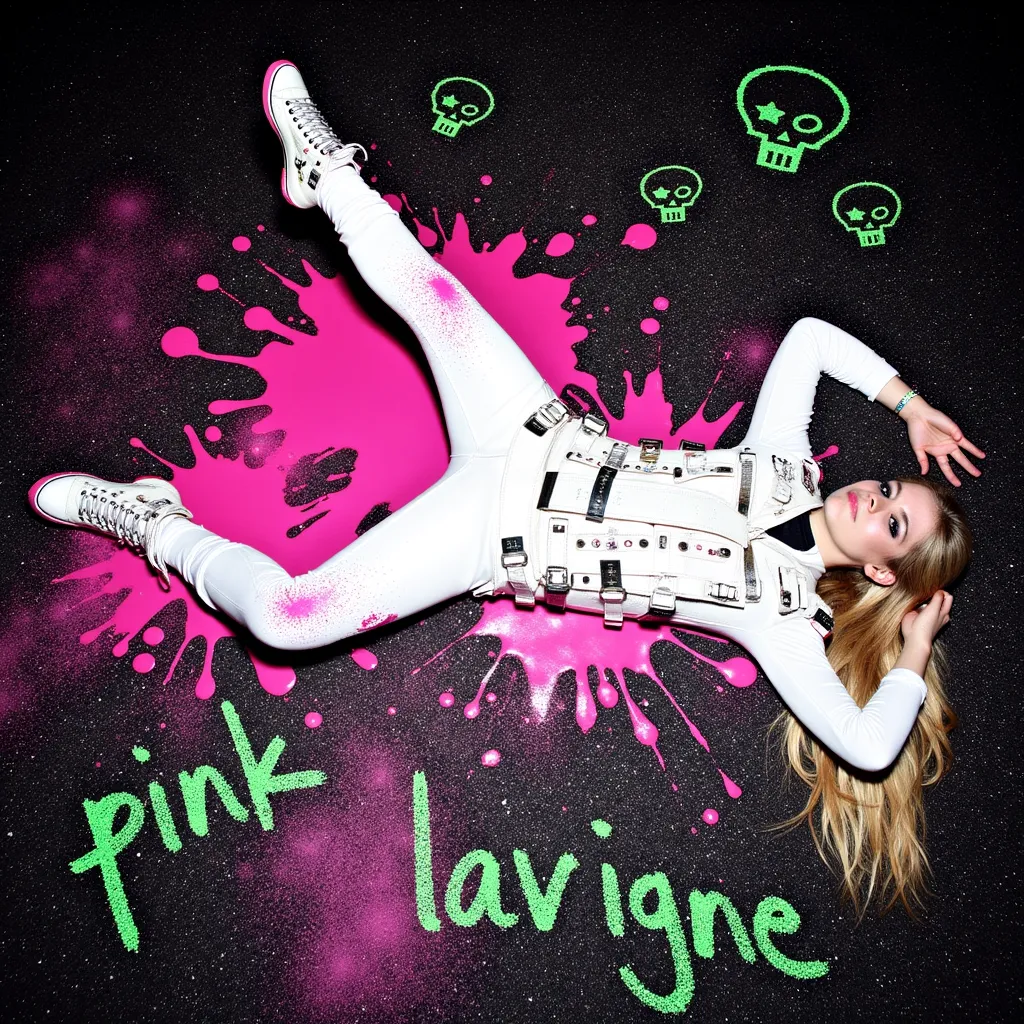 Avril Lavigne in a photo from top to bottom, lying on the asphalt at night, with white punk clothes and full of buckles, straight hair, green streak, pink slime spread over her body, pink slime spread on the floor, pink slime spread on her face, scratched asphalt with doodles of skulls, hearts and stars in fine line in pink, one leg stretched out to the other with a bent knee, pose on the floor as if he had fallen, "pink crust" scrawled on the floor, "avril lavigne" scrawled in smaller green letters