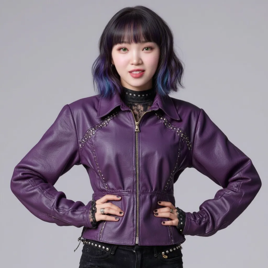 Mal Mal ohwx woman ohwx woman Chaewon, dressed as Mal from Descendants 3, would channel Mal’s bold and edgy style with her own twist. She’d wear a purple leather jacket with metallic studs, perfectly complementing her fierce energy, paired with black ripped skinny jeans and knee-high boots for a punk-inspired vibe. Her hair, styled in soft waves, would be a vibrant shade of purple, fading from dark violet to navy blue/lavender, just like Mal’s. Chaewon’s striking bright green eyes, full of confidence, would bring the look to life. She’d accessorize with a choker, silver rings, and a studded belt, exuding the same power and independence as Mal, with her own unique flair.