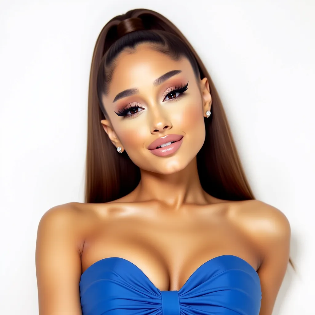 Ariana Grande, high brown silky long ponytail with a swoop in front, she’s winking, bold black eyeliner, she’s wearing a strapless tube blue top that’s carved into a butterfly, plumb lips, over lined lips, big lips, posing, photo shoot, motion blur, UHD, 4K, Blueray Movie, white background 