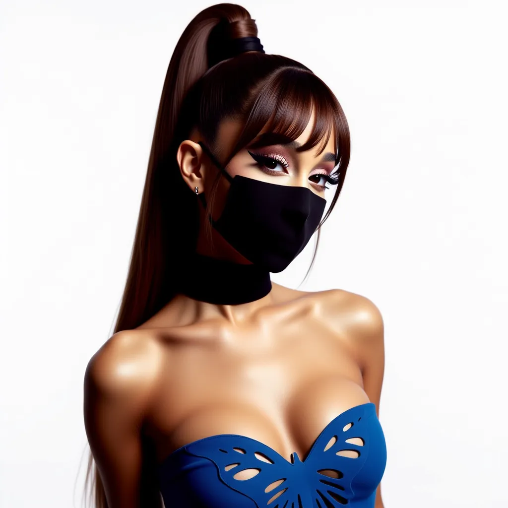 Ariana Grande, high brown silky long ponytail with silky bangs, she’s winking, bold black eyeliner, she’s wearing a strapless tube blue top that’s carved into a butterfly, wearing a black face mask, posing, photo shoot, motion blur, UHD, 4K, Blueray Movie, white background 