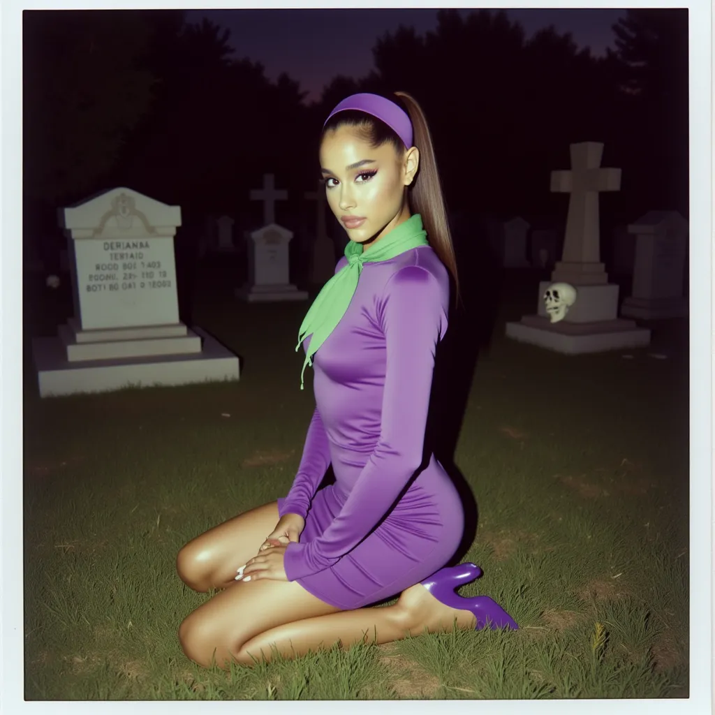 A polaroid photo of ariana grande dressed similarly to Daphne from Scooby-Doo. Ariana grande is kneeling on a grassy area in a mysterious cemetery scene, her legs folded gracefully to the side. She wears a fitted purple dress with long sleeves, a green scarf tied at the neck, and a matching purple headband, along with purple shoes. The scene is shot from a low angle, capturing her in a three-quarter view, with her face turned toward the camera in a curious, slightly mischievous expression. The background includes tombstones, crosses, and small skull details, set under a dim, eerie light, enhancing the spooky, atmospheric setting. 