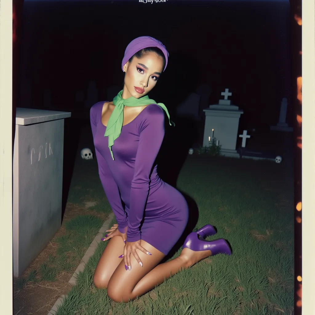 A polaroid photo of ariana grande dressed similarly to Daphne from Scooby-Doo. Ariana grande is kneeling on a grassy area in a mysterious cemetery scene, her legs folded gracefully to the side. She wears a fitted purple dress with long sleeves, a green scarf tied at the neck, and a matching purple headband, along with purple shoes. The scene is shot from a low angle, capturing her in a three-quarter view, with her face turned toward the camera in a curious, slightly mischievous expression. The background includes tombstones, crosses, and small skull details, set under a dim, eerie light, enhancing the spooky, atmospheric setting. 