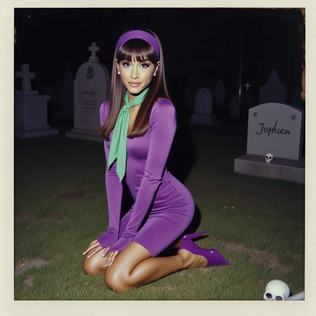 A polaroid photo of ariana grande dressed similarly to Daphne from Scooby-Doo. Ariana grande is kneeling on a grassy area in a mysterious cemetery scene, her legs folded gracefully to the side. She wears a fitted purple dress with long sleeves, a green scarf tied at the neck, and a matching purple headband, along with purple shoes. The scene is shot from a low angle, capturing her in a three-quarter view, with her face turned toward the camera in a curious, slightly mischievous expression. The background includes tombstones, crosses, and small skull details, set under a dim, eerie light, enhancing the spooky, atmospheric setting. 